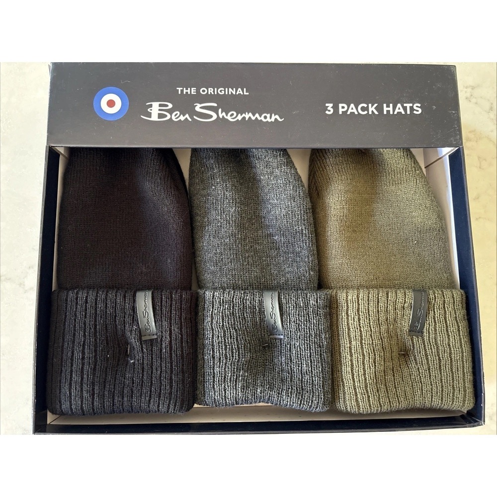 Ben Sherman Beanie Winter Hat Cap Cuffed 3-Pack Green Gray Black Gift Box Set